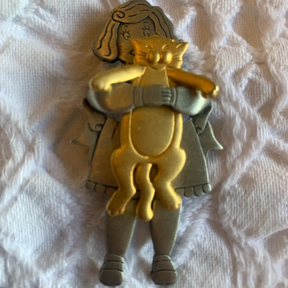 Cat Hug Girl Vintage JJ Jonette Pin - Gold & Silver Metal